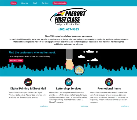 Presort First Class website homepage — OKC print shop offering digital printing, direct mail, and lettershop services